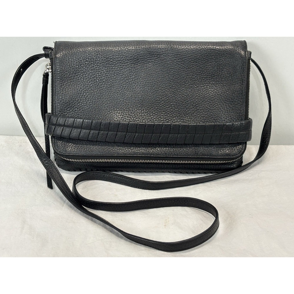 All Saints Club Clutch Crossbody Purse Bag Black Pebbled Leather Fold over